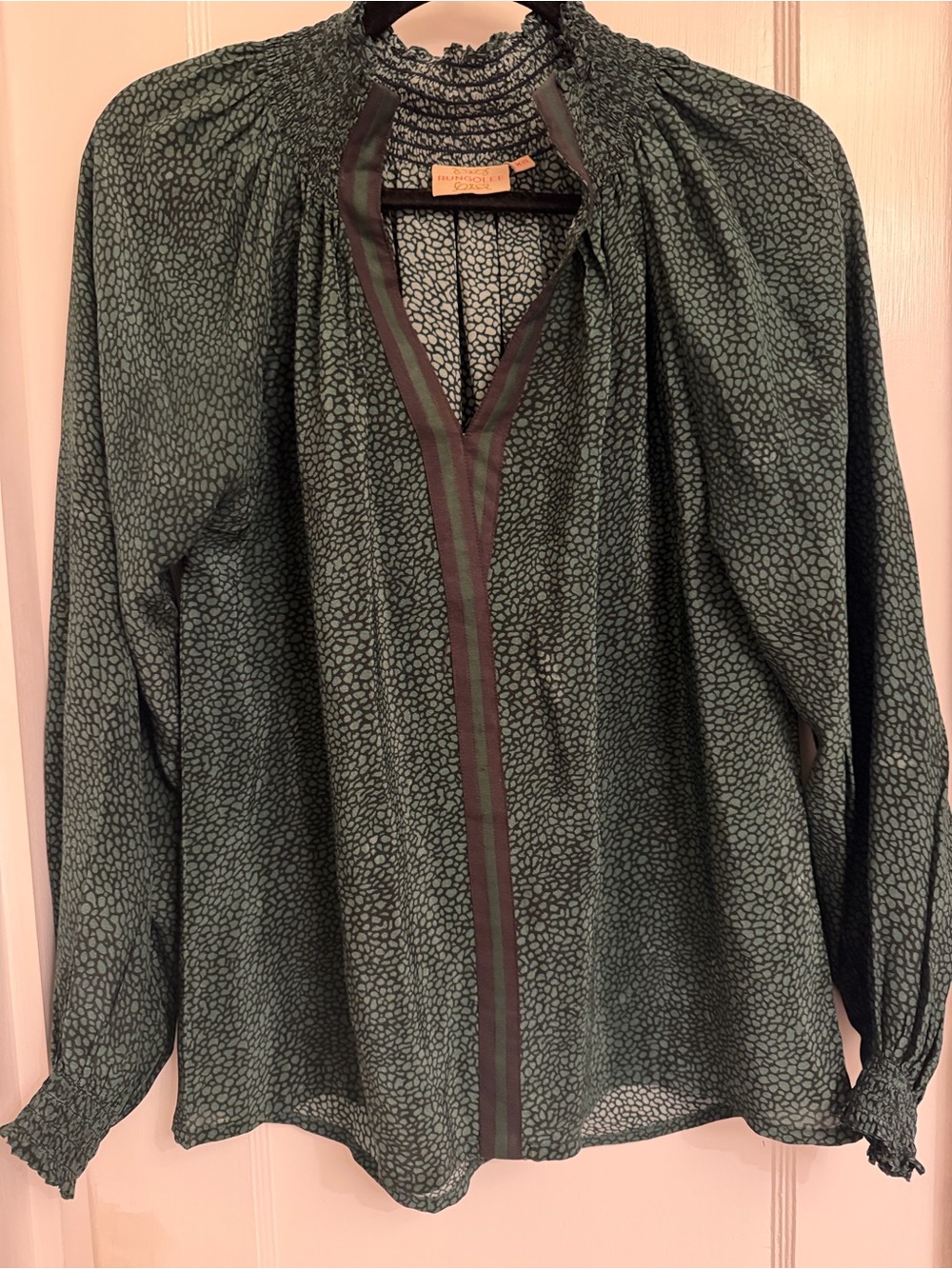 Rungolee Brooklyn Silk Green Printed Long-Sleeve Blouse Accent Trim